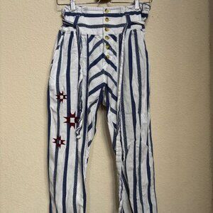 Figue Portia Striped Chevron Embroidered Tie Waist Crop Ankle Pants Sz S